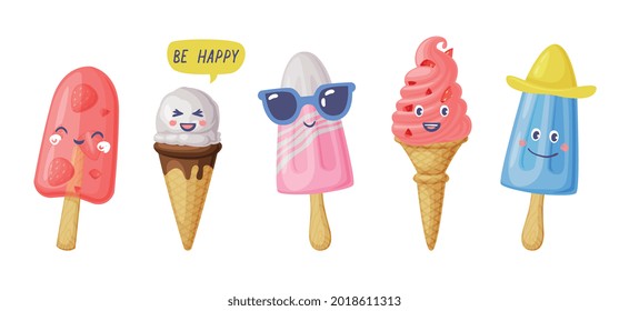 Ice Cream Characters Set, Sweet Tasty Desserts, Colorful Popsicles with Cute Smiling Faces Cartoon Vector Illustration