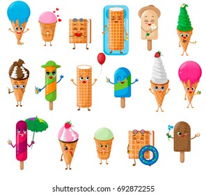 Ice Cream Characters Set, Waffle Briquette, Horn, Cup, Fruit Ice Lolly, Cartoon Hand Drawn Vector Illustration EPS10