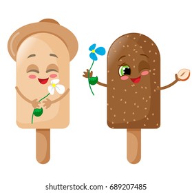 Ice Cream Characters, White and Dark Chocolate with Flower and Nut, Hand Drawn Vector Illustration EPS 10