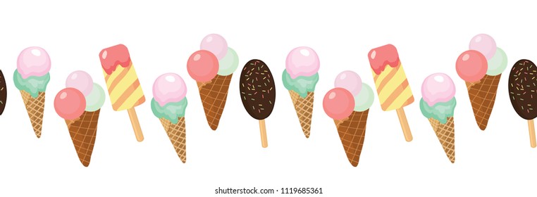 Ice cream and cherries horizontal seamless border. Great for yummy summer dessert wallpaper, backgrounds, packaging, fabric, scrapbooking, and giftwrap projects. Surface pattern design.