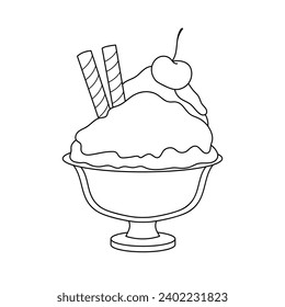 Ice cream with cherries. Icon, coloring page, black and white vector illustration.