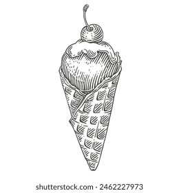 Ice cream with cherries in a waffle cone. Sketch. Engraving style. Vector illustration.