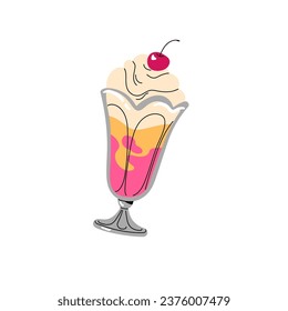 Helado con cereza, baya encima. Postre frío, sundae, deliciosa comida dulce para los niños. Icecream en vidrio retro vintage. Leche congelada con frutas en taza. Ilustración vectorial aislada plana en blanco