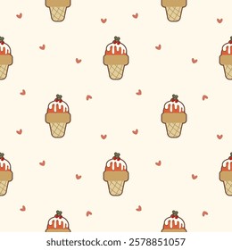 Ice cream cherry cartoon so cute. On heart background. Pattern seamless vector illustration. 