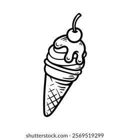 ice cream with cherry cartoon isolated drawing line style sketch classic vintage design illustration