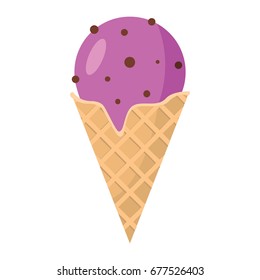 Ice cream of cherry chocolate ingredients in wafer cone on white background cartoon flat vector illustration