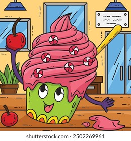 Helado con ilustración de dibujos animados de color de cereza