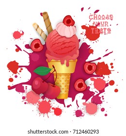 Ice Cream Cherry Cone Colorful Dessert Icon Choose Your Taste Cafe Poster Vector Illustration