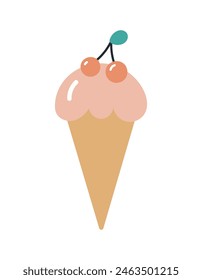 Ice cream with cherry. Flat cartoon vector illustration isolated on white background. For card, posters, stickers, banners, printing on the pack, printing on clothes, fabric, wallpaper.