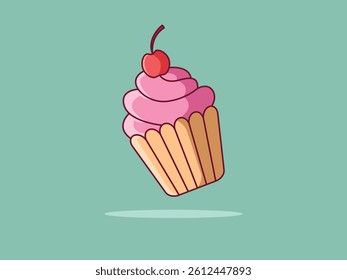 Ice cream with cherry flat design illustration