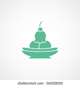 Ice Cream With Cherry Green Flat Icon On White Background