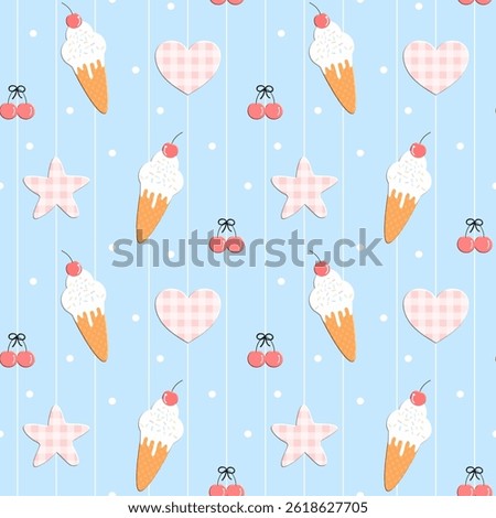 Ice cream, cherry, heart, star on blue background, fabric pattern, gift wrap paper , seamless pattern 
