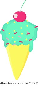 Helado con cereza, ilustración, vector sobre fondo blanco.
