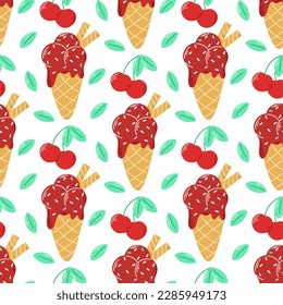 Ice cream with cherry and mint seamless pattern. Background of popsicles in waffle cone. Dairy frozen dessert template for packaging, digital paper and design, vector illustration