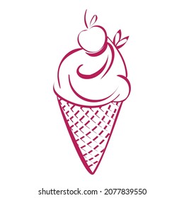 Ice cream with cherry. Pink countour Icecream in waffle cup hand made drawing