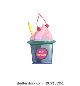 Ice cream with cherry in plastic bucket container. Vector 