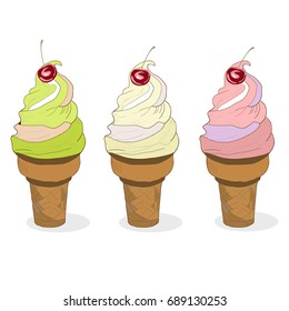 Ice cream with cherry set isolated on white. Fresh Dessert.