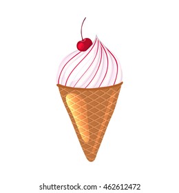 Ice cream with cherry in a waffle cone. Cartoon icon. Isolated object on a white background. Vector illustration.