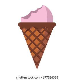 Ice cream of cherrychocolate ingredients in wafer cone on white background cartoon flat vector illustration