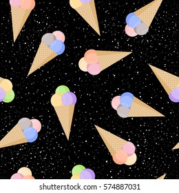 Ice cream childish seamless pattern background. Cartoon Ice cream isolated on black pattern for card, wallpaper, album, scrapbook, holiday wrapping paper, textile fabric, garment, t-shirt design etc.