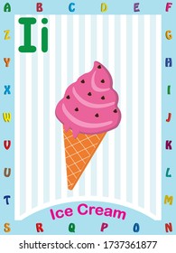 I for ice cream, childrens abcd text book vector illustration