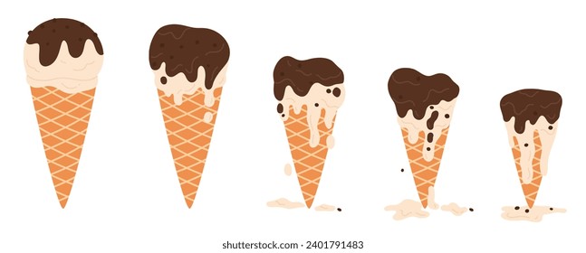 Ice cream choco melts set, sequence game animation of melting frozen chocolate sundae ball in waffle cone. Animated stages of dripping soft ice cream, melted dessert cartoon vector illustration