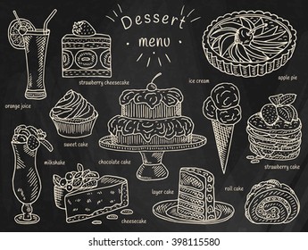 ice cream, chocolate cake, apple pie, layer cake, roll cake, orange juice, cheesecake, strawberry cake, milkshake, strawberry cheesecake, sweet cake, dessert menu on chalkboard background