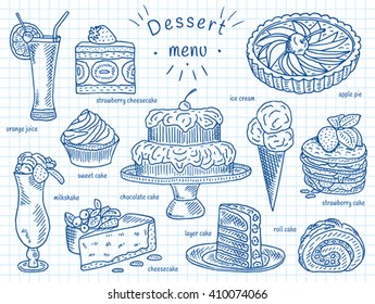 ice cream, chocolate cake, apple pie, layer cake, roll cake, orange juice, cheesecake, strawberry cake, milkshake, strawberry cheesecake, sweet cake, dessert menu