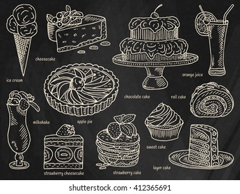 ice cream, chocolate cake, apple pie, layer cake, roll cake, orange juice, cheesecake, strawberry cake, milkshake, strawberry cheesecake, sweet cake, dessert menu