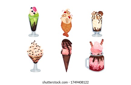 Ice Cream with Chocolate and Creamy Toppings in Waffle and Glass Tub Vector Set