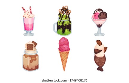 Ice Cream with Chocolate and Creamy Toppings in Waffle and Glass Tub Vector Set