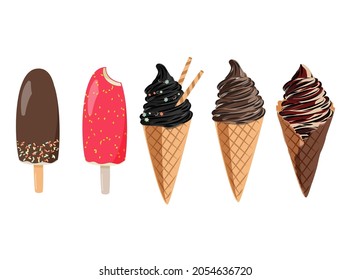 Ice cream chocolate eskimo pie vector illustration set. Collection of sweet dessert isolated onwhite background.