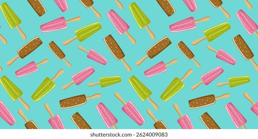 Ice cream, chocolate and fruit pattern. Summer cold, frozen juice, berry, fruit ice, food. Color illustration, cool dessert. Repeating background. 