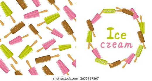 Ice cream, chocolate and fruit pattern.  Frame, banner, hand lettering. Place for text. Summer cold, frozen juice, berry, fruit ice, food. Color illustration, cool dessert. Repeating background. 