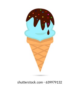 Ice cream with chocolate glaze  in  cone vector tasty sweet candy ice cream in flat style isolated on white realistic 