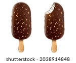 Ice cream with chocolate glaze and nuts on a stick. Brown whole and bitten chocolate ice cream popsicle with peanuts isolated on white background Realistic 3D vector food posters and summer banners.