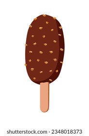 Ice cream with chocolate glaze and nuts on stick. Chocolate popsicle with filling isolated on white background.