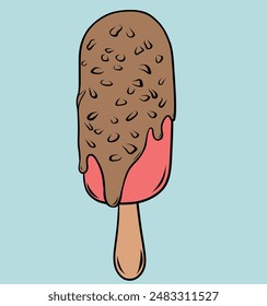 ice cream with chocolate glaze, and nuts on a stick. vector set with chocolate popsicle on a stick , whole and bitten with filling. Vector food and summer.