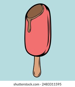 ice cream with chocolate glaze, and nuts on a stick. vector set with chocolate popsicle on a stick , whole and bitten with filling. Vector food and summer.