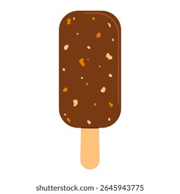 Ice cream with chocolate glaze and nuts on wooden stick. Cold summer dessert. Flat vector illustration isolated on white