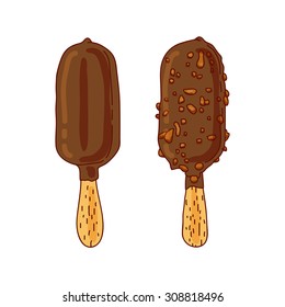 Ice cream with chocolate glaze with nuts.