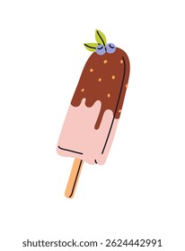 Sorvete com cobertura de chocolate e com bagas. Picolé com cobertura de cacau. Sorvete em vara de madeira. Sobremesa de verão de leite congelada. Ilustração de vetor isolado plano sobre fundo branco