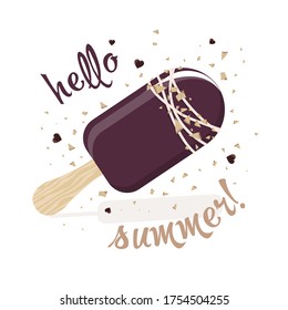 Eiscreme mit Schokoladeneis und Nusskrümel auf weißem Hintergrund und die Inschrift "Hallo Sommer". Einzige Illustration eines Popsikels auf einem Holzstock im Flachstil.