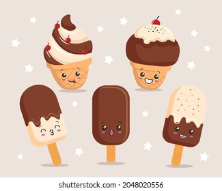 ice cream chocolate kawaii cartoon illustrations set collections