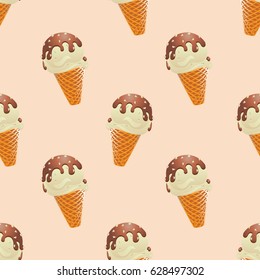 Ice cream with chocolate and nuts. Pattern on a light background. Design for textiles, tapestries, packaging materials, bags, wallet, goods for children.