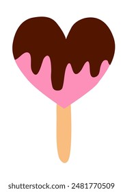 Ice cream with chocolate on stick, in shape of heart. Summer time sweet food. Vector flat illustration.