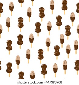 Ice cream with chocolate on a stick seamless texture. Chocolate ice cream with nuts background. Baby, Kids wallpaper and textiles. Vector illustration