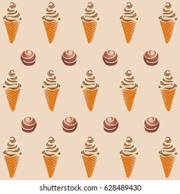 Ice cream with chocolate. Pattern on a light background. Design for textiles, tapestries, packaging materials, bags, wallet, goods for children.