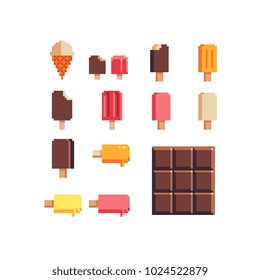 Ice cream and chocolate pixel art icon set. Design elements, sticker, logo shop. Chocolate bar, eskimo and wafer horn isolated vector illustration. 8-bit sprite.