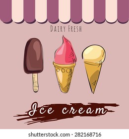 Ice cream, chocolate, raspberry, vanilla, banner, vector illustration
